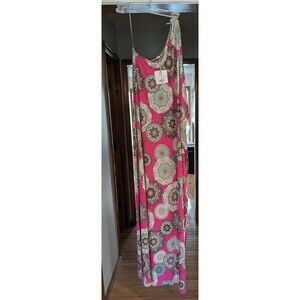 NWOT Entro Women's One Shoulder Maxi Dress Pink Mandala with Slit Size Small